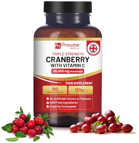 Mirtillo rosso a tripla forza 30.000 mg con aggiunta di vitamina C - 180 compresse vegane Compresse facili da deglutire I Prodotto nel Regno Unito da Prowise Healthcare