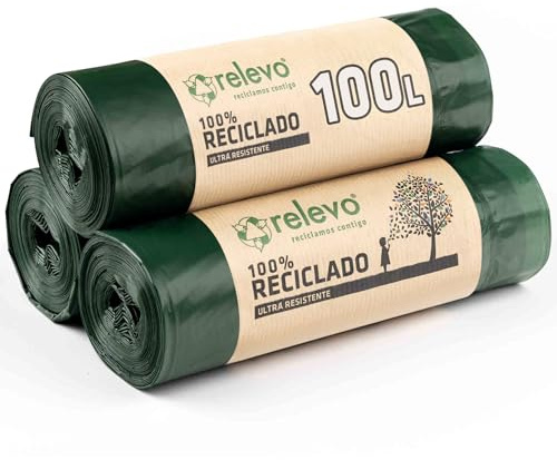 Relevo Sacs Poubelle Verts avec Liens Coulissants – 100L (Largeur 85 cm x Hauteur 105 cm), 30 Sacs (3 Rouleaux × 10 Sacs) | Sacs Poubelle Extra Résistants | 100% PEBD Recyclé | Certifié Blue Angel