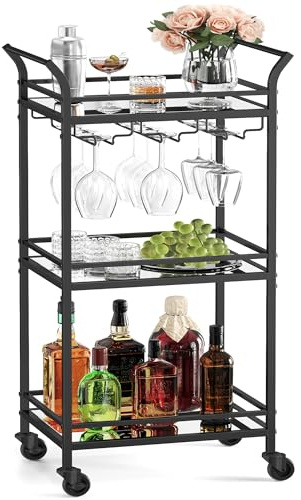 VASAGLE 3-Tier Drinks Trolley, Black Bar Cart on Wheels, with Handles, Mirrored Glass Shelves, Serving Trolley for Small Spaces, Kitchen, Dining Room, Bathroom, Living Room, Home Bar, Black LRC091B62