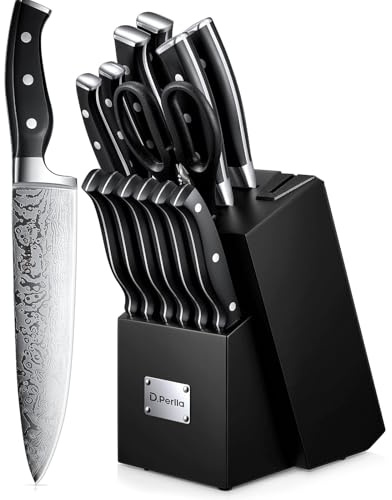 D.Perlla Couteau Cuisine, Bloc de Couteaux 14 pièces avec Affûteur Intégré, Bloc de Bois Noir, Couteaux Ciseaux, Acier Inoxydable, Manche Noir