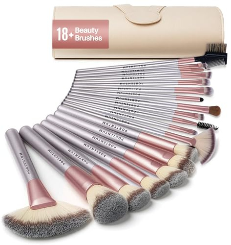PORTENTUM Pinceaux maquillages Lot de 18 avec étui de voyage, manche en bois professionnel Kabuki en fibre synthétique de qualité supérieure pour fond de teint