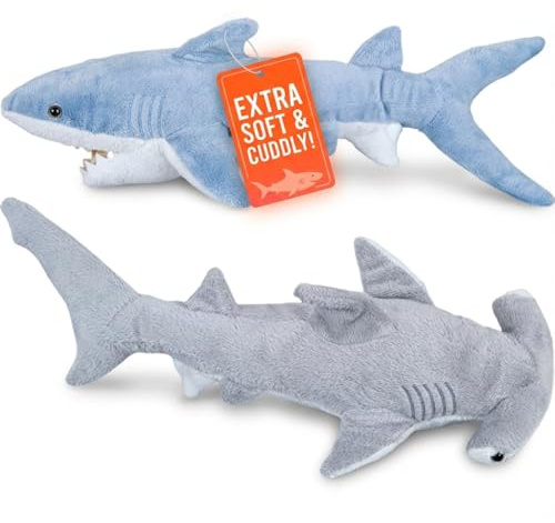Bedwina Mako & Hammerhead Shark Plush Stuffed Animal Toys - Pack of 2, 35cm (14in) & 33cm (13in), Kids' Toys, Ages 3+