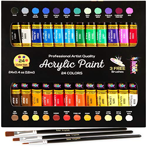 KOLOR KINGDOM Acrylic Paint Set 24 Colours Canvas Paints Kit with 3 Paint Brushes for Crafts,Kids Paints, Paper, Rock Painting, Wood,Ceramic & Fabric Vibrant Colors (24 X 12ML)
