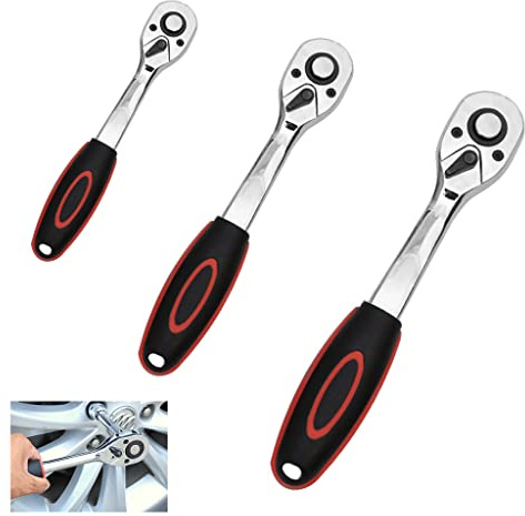 HWTONG 3 Pezzi Set Chiavi inglesi a Bussola Cricchetto, 72 Denti Chiave a Bussola Cricchetto, 1/4 "3/8" 1/2" Cricchetto Reversibile con Manico Curvo Professionale, Pulsante a Sgancio Rapido (3)