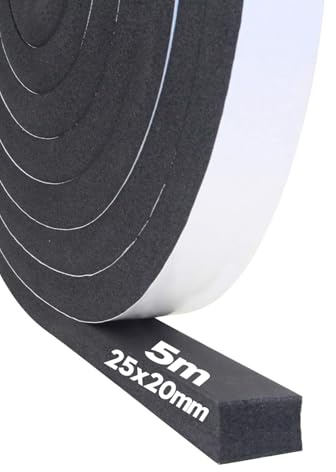 Bande d'étanchéité autocollante en mousse 25 mm (l) x 20 mm (H), caoutchouc mousse autocollant pour porte fenêtre, résistant aux intempéries, anti-collision, isolation acoustique, longueur totale 5m