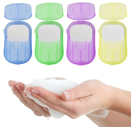 YILANJIN Feuille de Savon, 4 Boîtes Portable Savon de Papier avec Boîte en Plastique, Mini Feuille de Savon En Papier Jetable pour Voyage, Savon en Papier pour Camping, Randonnée, Extérieur, Intérieur