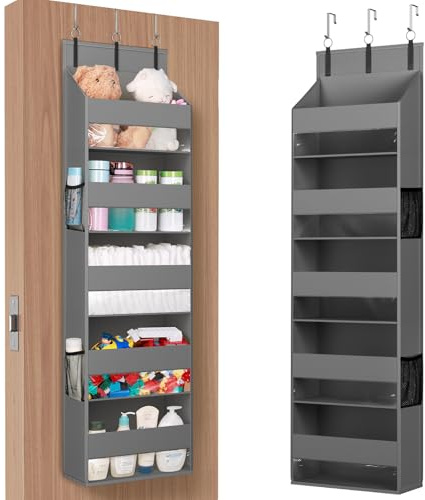 Lifewit Over the Door Storage, Clear Hanging Organiser with 4 Side Pockets, Anti Tilt 40 lbs Load Behind Door for Dorm, University Essentials, Room, Bedroom, Nursery, Grey, 5 Shelf, 1 Pack