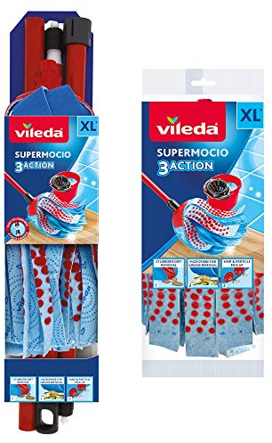 Vileda SuperMocio 3 Action XL Mop + 1 Extra Refill | 3‑in‑1 Microfibre Cleaning Mop with Red Pads Scouring Action and 3‑Action Fibres | Tough Dirt Removal | XL Size for Efficient Floor Cleaning