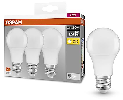 OSRAM Lampada LED BASE CLASSIC A 60 FR con attacco E27, goccia, confezione tripla, 8.5W, 806lm, 2700K, luce bianca calda, bassa emissione di calore, basso consumo energetico, lunga durata