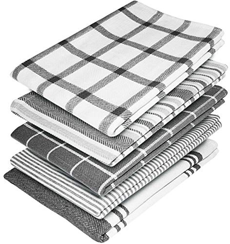 Elfranso Cotton Kitchen Tea Towels - Pack of 5, Absorbent, 70 x 50 cm (Grey)