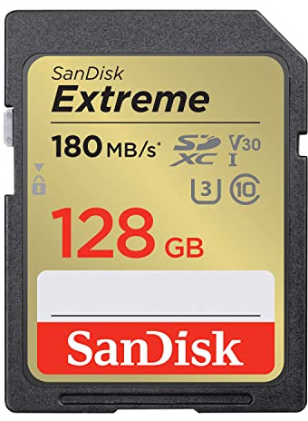 SanDisk 128GB Extreme SDXC card, SD card up to 180MB/s, V30 Memory card, UHS-I, Class, 10, U3, V30, RescuePro Deluxe data recovery software.