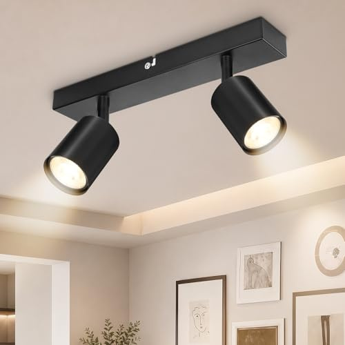 Dehobo Lámpara de Techo de 2 Focos Giratorios GU10, Lámpara de Pared Interior LED Negro Ajustables, Foco de Pared para Interior Iluminación para Dormitorio Pasillo Cocina, Sin Bombilla GU10