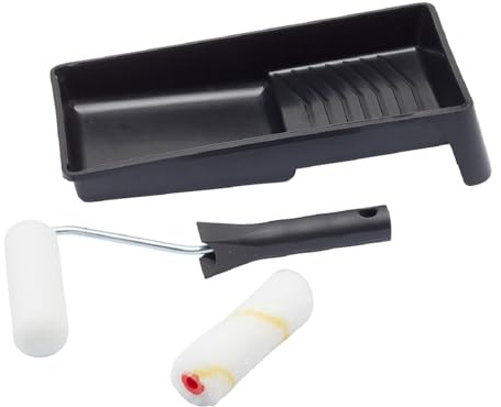Fit For The Job Lot 4 pièces, Mini rouleaux multi-surfaces pour peinture-émulsion aspect brillant et satiné, Petit rouleau et bac pour peindre murs, plafonds, bois, métal Rouleaux 100mm Rouleau et bac