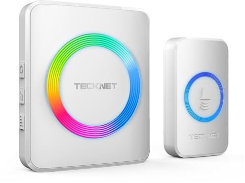 TECKNET Wireless Doorbell, IP65 Waterproof Wall Plug-in Door Bells Wireless Cordless Chime Kit with 1,300feet / 400m Range, 60 Chimes, 5-Level Volume & RGB Light, Plug in Doorbell Best for Home