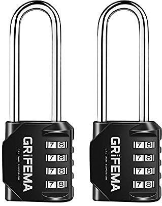 GRIFEMA GA1002 4 Digit Combination Padlock, Long Shackle Padlocks Outdoor Heavy Duty Waterproof Weatherproof for Gym Locker, School, Fence, Garage, Shed, 2 Pack, Black