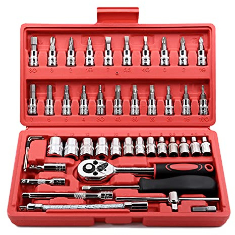 EGOFINE 46 Pieces 1/4" Drive Socket Set&Tool Sets, Ratchet Wrench Set with Bit Socket Set Metric and Extension Bar for DIY, Car Repair and Household with Storage Case