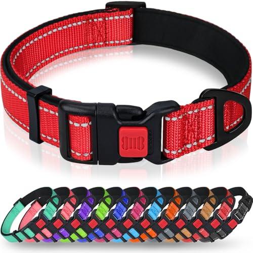 Taglory Collier pour Chien, Collier en Nylon Réfléchissant Réglable Classique avec Rembourré Doux Respirant Mesh pour Moyens Chiens, M, Rouge