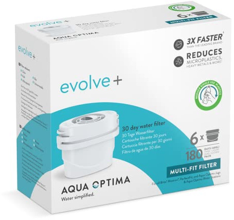 Aqua Optima Evolve+ Water Filter Cartridges 6 Pack - Fits Brita Jugs & Alternative for Maxtra Filters* - Reduces Limescale, Chlorine and Other Impurities - by LAICA (Packaging May Vary)