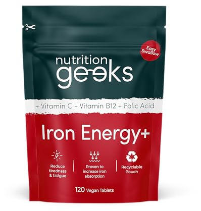 Iron Tablets High Strength - Energy Tablets with Vitamin C, B12 & Folic Acid - 120 Vegan Iron Supplements for Women and Men - 14mg - Enhanced Energy Support & Increased Absorption - UK Made
