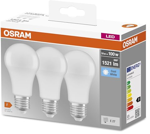 Osram LED Base Classic A Lampada, a Forma di Lampadina con Attacco E27, non dimmerabile, Sostituisce 100 watt, Opaca, Bianco Freddo, 4000 Kelvin, Confezione da 3