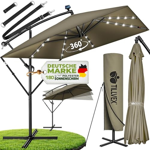 tillvex® Ombrellone da Giardino Rettangolare LED Solar Ø 330 cm + Copertura con Manovella | Ombrellone Decentrato con Base & Protezione Antivento | Protezione UV, impermeabile & Girevole a 360°