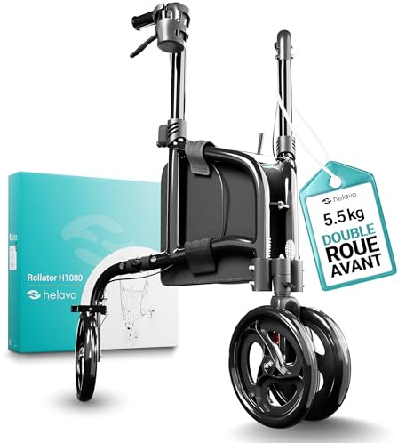 Helavo Déambulateur 3 Roues Pliable Léger pour Adultes – Rollator Ultraléger en Aluminium, Déambulateur Étroit avec Freins, Panier, 8” Roues – Intérieur & Extérieur