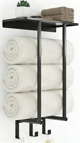 Mensola Porta Asciugamani Bagno da Parete 50 cm BETHOM Nero Opaco Porta Salviette Bagno con Ripiano Acciaio Inossidabile Organizer Portaasciugamano per Asciugamani 3 Arrotolati