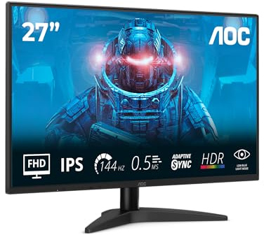 AOC 27B36X, 27 Inch FHD Gaming Monitor, 144 Hz, IPS, 0.5 ms MPRT, Adaptive Sync, HDR10 (1920 x 1080, HDMI 1.4, DisplayPort 1.4), Black