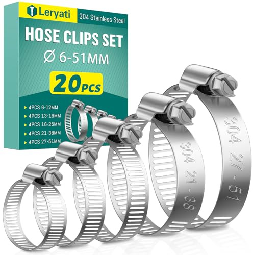 20pcs 6-51mm Collier de Serrage Inox Set, Leryati 304 Collier Serrage Métallique Collier Durite, Collier Serflex Réglable en Acier Inoxydable Convient Pour Piscine, Machine à Laver, Jardin - 5 tailles