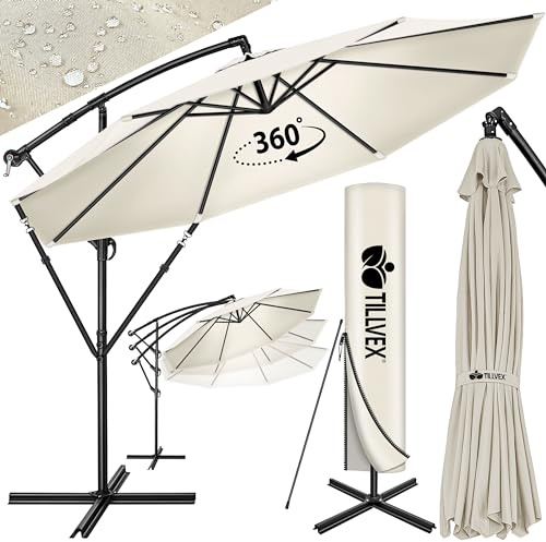 tillvex Ombrellone da Giardino Ø 300 cm con manovella | con asta, terrazza, balcone, | Materiale Alluminio con protezione UV - impermeabile | con base