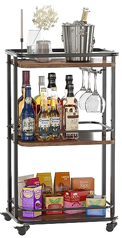 IBUYKE 3-Tier Home Bar Serving Cart,Kitchen Storage Carts With Wheels,11.79x15.72x33.01 inches,Rolling Mini Bar Cart for Home, Outdoor, Kitchen, Bedroom, Living Room TMJ319H