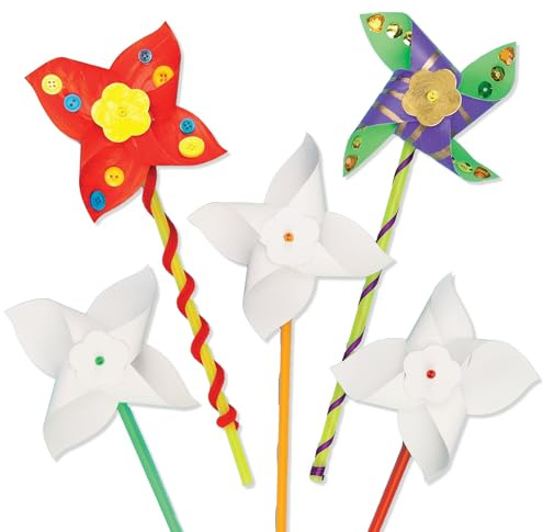 Baker Ross Windmill Craft Activity Pack (Pack of 8) Make Your Own Pinwheel Kit for Kids to Decorate, White, 8 Pack