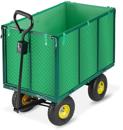 tectake® Chariot de Transport XXL Chariot à roulettes de Jardin Remorque à Main Charrette à Bras Capacité 544kg avec Parois latéraux rabattables & Bâche pour Bois de Chauffage Plage Pêche Camping