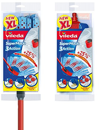 Vileda SuperMocio 3Action XL Mop with Extra Refill, Red/Grey/Blue, 15 x 6 x 117 cm