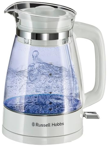 Russell Hobbs Carafe Style 1.7L Cordless Electric Glass Kettle with white handle, lid & base and blue internal illumination (Fast boil, 3KW, Anti-scale filter, Pull off lid, unique glass spout) 26081