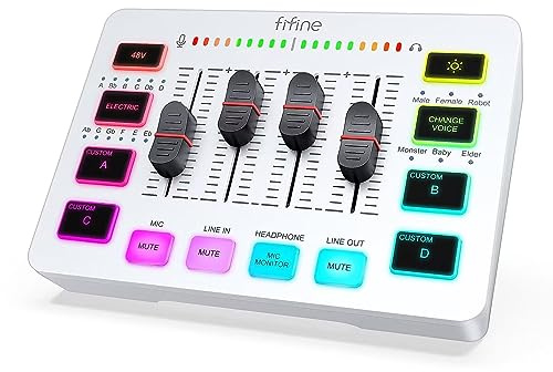 FIFINE Audio Interface with RGB Lights,Slider Fader for Podcast Streaming Gaming,PC Audio Mixer,Stream Deck with XLR Microphone Input,Voice Effects for Music Recording,Video Creating-SC3 White