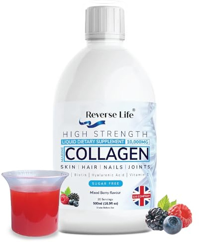 Reverse Life - High Strength Marine Collagen Liquid - Skin, Hair, Nails & Joints - 10,000mg Hydrolysed Peptide Food Supplement Drink - Hyaluronic Acid, Biotin, Vitamins C and D - Mixed Berry Flavour