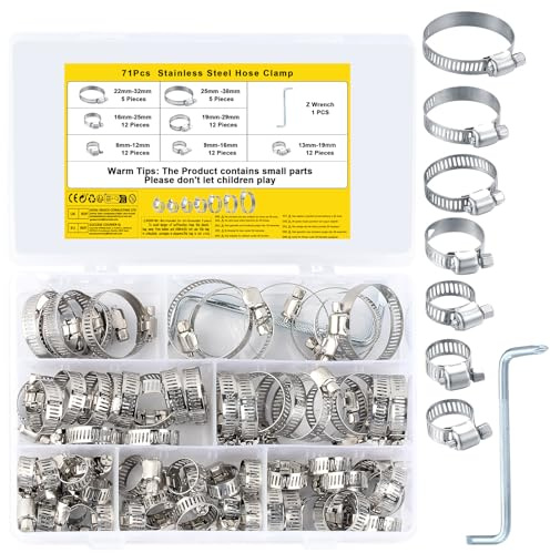 Collier de Serrage Réglables, Tuyau Clips, Colliers de Serrage en Acier Inoxydable, Pinces de Tuyau pour Tube A'automobiles, Piscine, 71 Pièces/8-38 mm