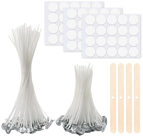 Mèche Bougie,50 PCS Mèches de Bougie Naturelles,Mèche de Bougie Coton,10cm/20cm Mèches pour Bougies,avec Supports de Mèche en Bois et Autocollants de Mèche Double Face,pour Fabrication de Bougies