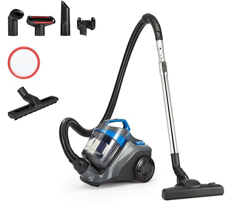 Amazon Basics Aspirateur Traineau sans Sac 1.7L Compact Ultra-Léger avec Brosse Triple Action, Filtre HEPA, 850W, pour Tapis et Sols Durs, Noir et Bleu