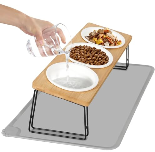 Otauoaea Gamelle Chat Surélevée, 3 Bols Chat Ceramique de Nourriture pour Chats et Petits Chiens avec Support 15° Incliné mit Tapis