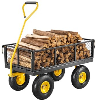 VEVOR Chariot de Jardin Transport, Charge 226,80 kg, Chariot Utilitaire Robuste Tractable Extérieur en Métal avec Pneus 254 mm, Côtés Amovibles en Maille Réglables, Poignée Rotative 180°, Jaune Noir