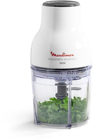 Moulinex Hachoir électrique, 400 ml, 300 W, 4 lames, Fonctions 3-en-1, Emince, Hache, Mixe, Système de pression simple, Moulinette Essential DJ520110, Blanc