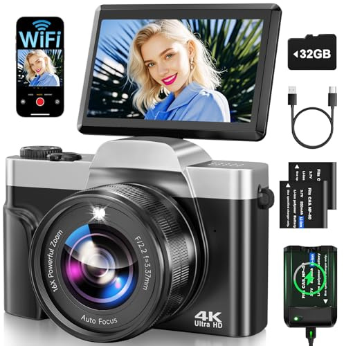 Digital Camera with WiFi, 4K 64MP Autofocus Vlogging Camera for YouTube with SD Card 3.0" 180° Flip Screen 16X Digital Zoom Anti-Shake Charging Station, 2 * Batteries for Teenagers, Beginners, Adults