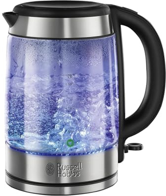 Russell Hobbs Illuminating 1.7L Electric Cordless Glass Kettle with black/brushed stainless steel accents (Fast Boil 3KW, Washable anti-scale filter, Button to open lid, Perfect pour spout) 21600-10