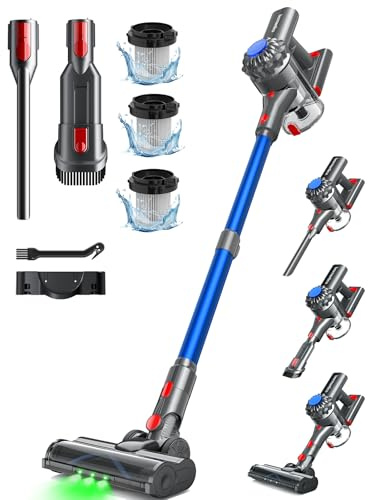 Ivormentico Aspirateur Balai sans Fil, 50Mins/40KPA/450W Aspirateur sans Fil, Aspirateur Balai avec LED Verte, Aspirateur avec Brosse à Plancher Améliorée, pour Tapis, Sols Durs, Poils d'animaux, Bleu