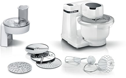 Bosch MUMS2AW01 Series 2 Small Food Processor, 3.8 L Plastic Bowl, Continuous Shredder, 4 Slices, 4 Levels, Dough Hook/Whisk/Whisk, Dishwasher Safe, 700 W, White
