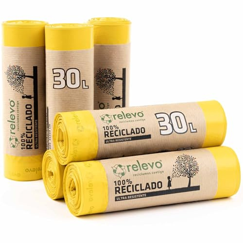 Relevo Sacs Poubelle Jaunes avec Liens Coulissants – 30L (Largeur 55 cm x Hauteur 60 cm), 90 Sacs (6 Rouleaux × 15 Sacs) | Sacs Poubelle Extra Résistants | 100% PEBD Recyclé | Certifié Blue Angel