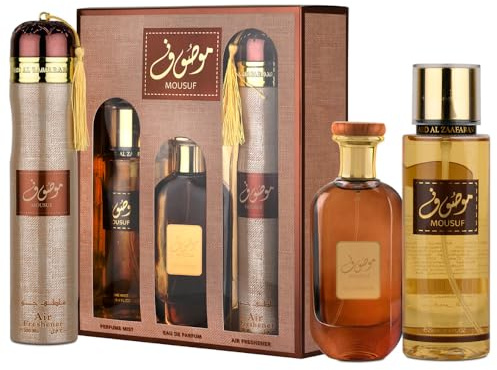 Ard Al Zaafaran Mousuf 3 Piece Gift Set: Eau De Parfum 100ml, Perfume Mist 250ml, Air Freshener 300ml