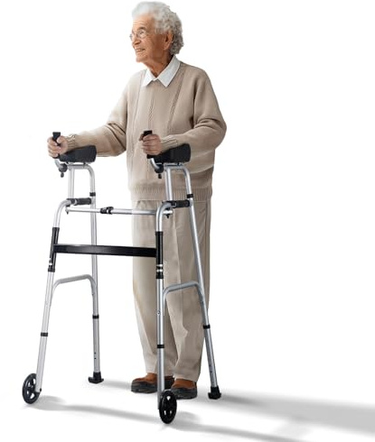 VEVOR Déambulateur pliable avec roues 127 mm, capacité de charge 204 kg, cadre de marche aide à mobilité aluminium léger, avec hauteur réglable, accoudoirs amovibles, pour personnes âgées handicapées